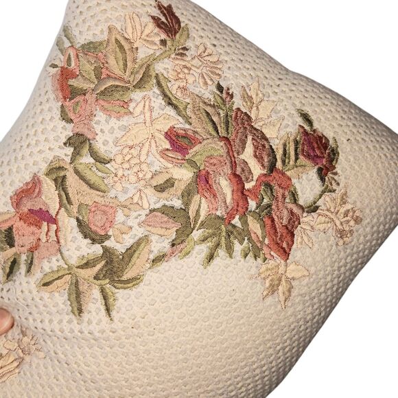 Floral Embroidered Pillow Cream Pink Rust Green Cottagecore Rectangle 15" X 12" - Picture 4 of 14